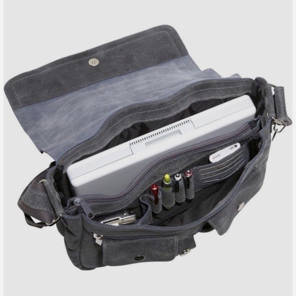David King & Co. North South Laptop Messenger bag Dark Grey Suede Leather Men's - Picture 2 of 12